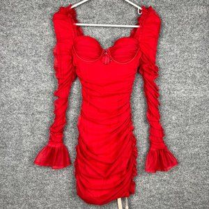 NWT Oh Polly Ruched Mesh Long Sleeve Corset Mini Dress Red size 0